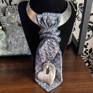 Silver and Gray Tie with Heart Pendant